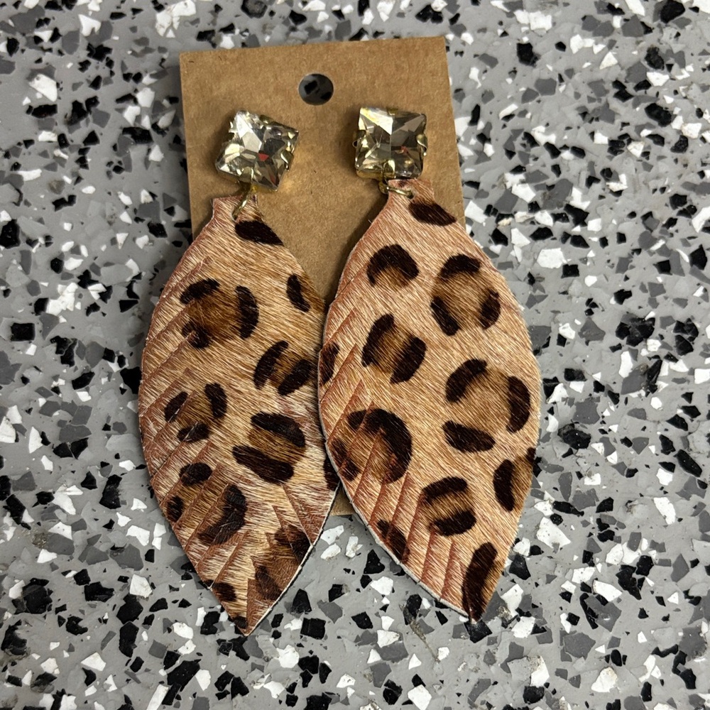 Leopard Print Leaf Earrings with Gemstone Studs